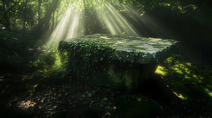 Wall Mural - Sunbeams illuminate an ancient stone altar in a lush forest.