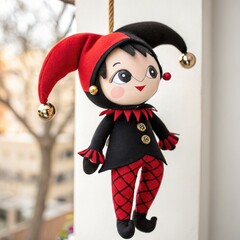 Wall Mural - Adorable black and red jester doll hanging by a window on a sunny day. Generative AI