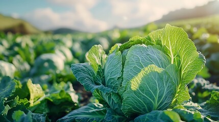 Wall Mural - A close-up shot of a cabbage growing in the field