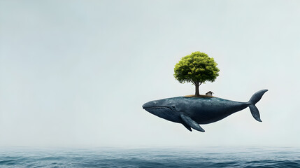 A floating whale carrying a tiny treehouse on its back, minimalist ocean below.


