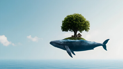 A floating whale carrying a tiny treehouse on its back, minimalist ocean below.


