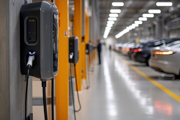 A clean energy landscape with electric vehicle charging stations, showcasing sustainable technologies, renewable resources, and modern infrastructure to support a green future.