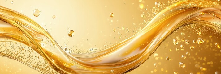 Fototapete - A close-up of a golden oil splash with bubbles on a light background, ideal for themes related to beauty, skincare, and cooking,  illustrating a vibrant and dynamic composition filled with energy