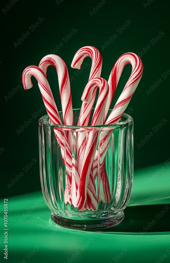 Candy Canes in Glass Jar Against Green Christmas Background