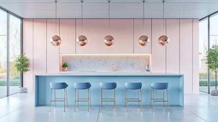 Poster - The contemporary kitchen showcases a sleek marble countertop paired with pastel-colored bar stools, highlighted by elegant pendant lighting and large windows bringing in natural light
