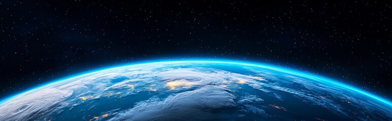 imagining bright light shining on dark planet horizon. the sun is shining behind earth, creating a c