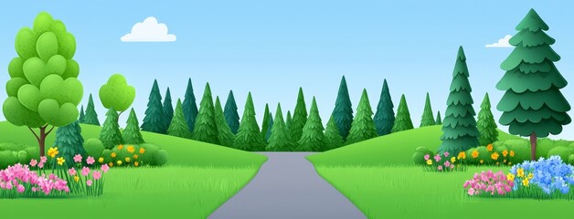 Canvas Print - Garden or park landscape on a sunny spring or summer day, with green trees, bushes, grass, stones, and a path road. Cartoon modern countryside forest landscape with greenery and woods.