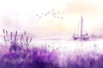 Wall Mural - Sailboat in a Lavender Field at Sunset.