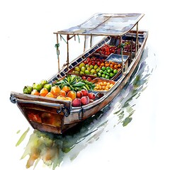 Wall Mural - Watercolor Painting of a Fruit-Filled Boat in a Canal.