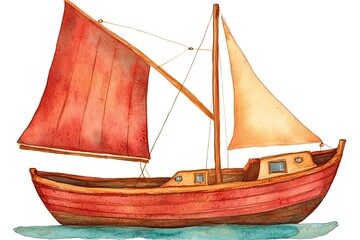 Wall Mural - Watercolor Painting of a Red and Brown Wooden Sailboat on Blue Water.