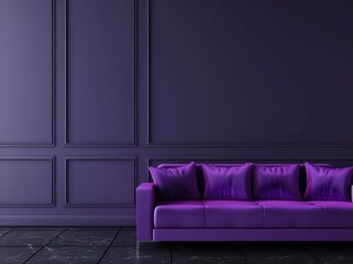 A dark purple velvet sofa sits in front of a black wall with two sconces providing light