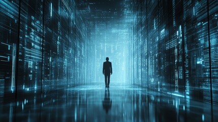 A lone figure walks through a digital tunnel, surrounded by glowing code.