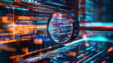 A magnifying glass over a screen of binary code with a blurred background of flashing lines and a keyboard in the foreground.