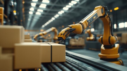 Wall Mural - robot arms sorting packages on a conveyor belt in a modern, automated warehouse