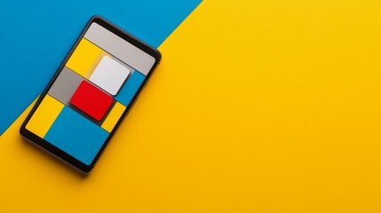 A modern tablet with a colorful app interface lies on a yellow surface with copy space.