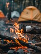 © Anna - Cozy campfire with roasting marshmallow in a forest campsite setting