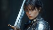 © Nijat - A female knight in metal armor stands confidently, gripping her sword with determination. This image of a female knight captures strength and bravery, with ample copy space.