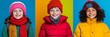 © Maria Mikhaylichenko - Vibrant portraits of three smiling children wearing colorful winter attire against bright backgrounds, showcasing diversity and joy in cold weather fashion.