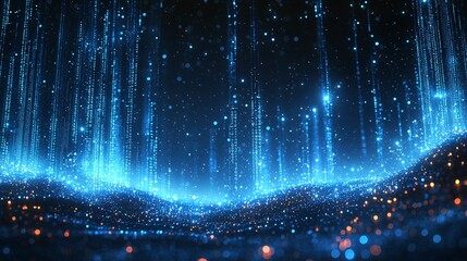 Futuristic Binary Code Matrix - Abstract digital lines glowing in blue and white on dark background with matrix effects