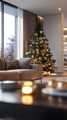 Wall Mural - Cozy modern living room with a beautifully decorated Christmas tree, soft lighting, and a comfortable sofa by large windows overlooking a snowy landscape.