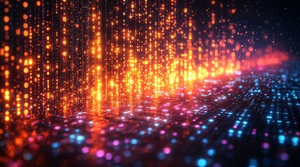 Technological Data Flow: Vibrant Binary Numbers Illuminated Against Black Background