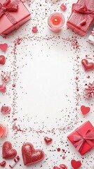 Wall Mural - festive valentine's day flat lay with pink gifts, glittery hearts, and a lit candle forming a romant