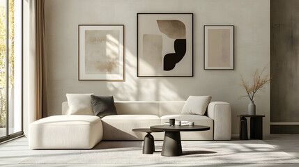  Minimalist Contemporary Living Room with Neutral Tones, Soft Beige Sofa, and Abstract Art Pieces for a Modern, Airy Feel