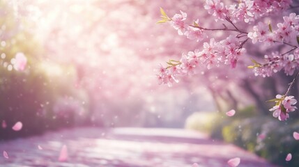 Wall Mural - A serene scene of cherry blossoms in bloom, creating a tranquil and picturesque atmosphere.