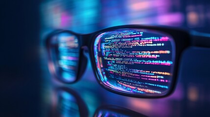 Wall Mural - reflection of colorful programming code in eyeglasses lenses, symbolizing software development and d