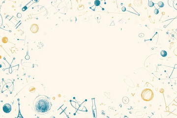 a decorative science border in blue and yellow tones featuring icons like atoms molecules and scientific symbols on a white background
