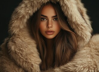 A beautiful woman wearing a bear fur coat on dark background.