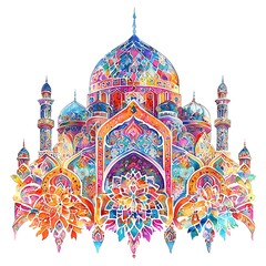 Wall Mural - Watercolor Illustration of a Colorful Mosque with Floral Designs.