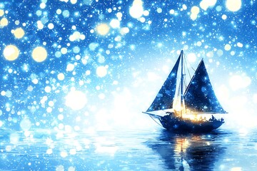 Wall Mural - Sailboat Silhouette on a Blue Water Background with Glowing Lights.