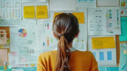 Leinwandbilder - This person examines various charts and graphs on a wall in a bright workspace.
