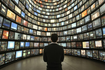 Wall Mural - a male it professional with their back to the viewer observing the large amount of computer monitors