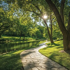 Poster - A sunny park scene with a sparkling lake, surrounded by lush green trees. A stone path winds through the vibrant landscape.