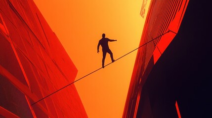 High-resolution 3D image of a professional stepping onto a tightrope between two tall structures, representing bold decisions and a goal-driven mindset