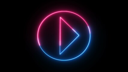 Neon glowing sign play button animation pink and blue color on black background music play button icon animation. Neon style press start icon, technology and computer concept, glowing light.