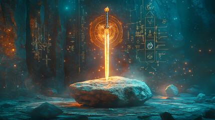 Poster - An enchanted glowing sword embedded in a stone, surrounded by mystical runes and symbols, generative ai. Enchanted. Illustration