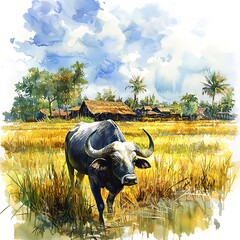 Wall Mural - Water Buffalo in a Rice Paddy Field, Watercolor Illustration.