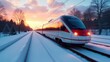 © realone952 - High-speed passenger train travels through the forest in the winter evening at sunset