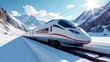 © realone952 - A white high-speed train travels through the mountains on a sunny winter day.