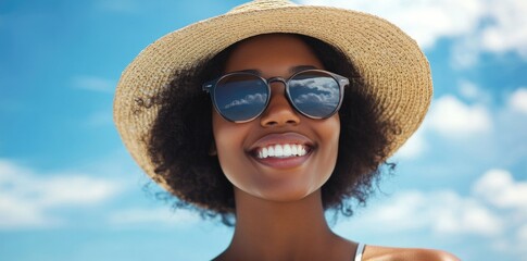 Smiling African American woman wearing a straw hat and sunglasses, standing against a blue sky at the beach.