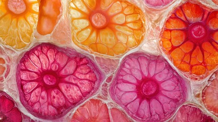 Colorful organic cells forming intricate pattern: microscopic view of nature's design