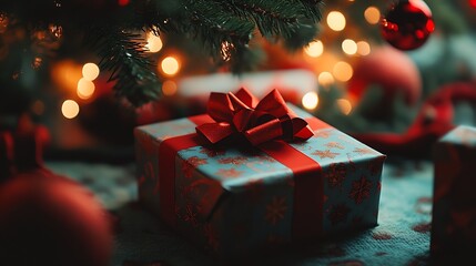 Poster - Festive Christmas Gift with Ribbon Under Christmas Tree Lights : Generative AI