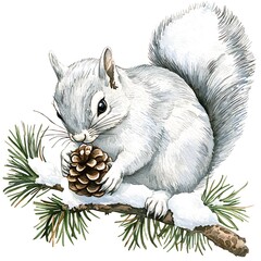 Canvas Print - Watercolor Illustration of a White Squirrel Holding a Pine Cone on a Branch.