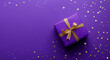 © ALL YOU NEED studio - purple gift box with a golden ribbon and star-shaped confetti on a lilac background, viewed from above. Birthday or Christmas present concept.