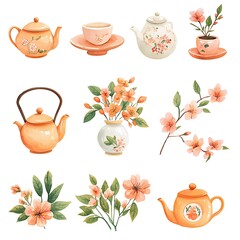 Wall Mural - Watercolor Illustration Set of Teapots, Teacups, and Flowers.