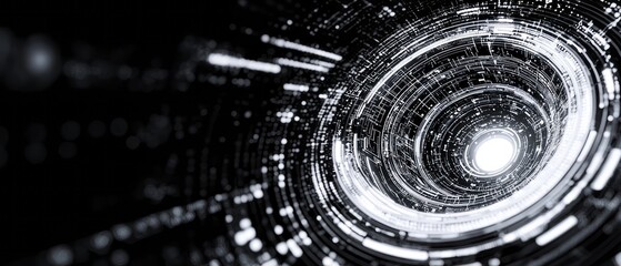 a swirling abstract vortex of light and energy in a dark, digital landscape