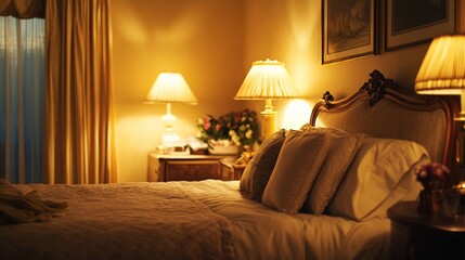 Wall Mural - Warm bedside ambiance, gentle light from lamps creating a cozy atmosphere in a serene bedroom, inviting relaxation and comfort in a softly illuminated space